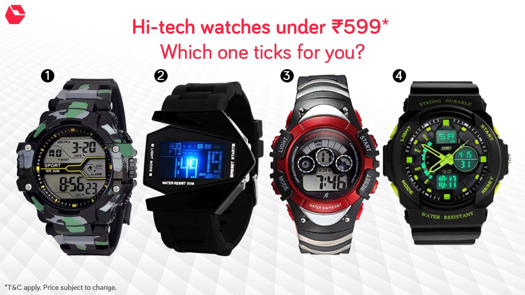 snapdeal's tweet photo. Tick-tock. It’s Style o’ Clock. Check out our bestselling hi-tech #watches, all under ₹599! Shop now at https://t.co/r2fwUCGEk8 #TrendyTuesday #MensFashion https://t.co/RBQEseiPn5