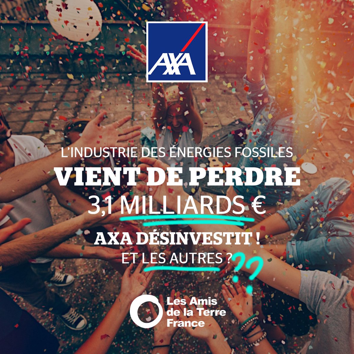 [BREAKING] AXA vient d'annoncer au #OnePlanetSummit  qu'elle désinvestit 2,4 milliards d'euros du charbon et 700 millions de  dollars des sables bitumineux. Un grand pas en avant qui  doit être  suivi par les banques françaises ! Notre analyse : goo.gl/6d8psm
