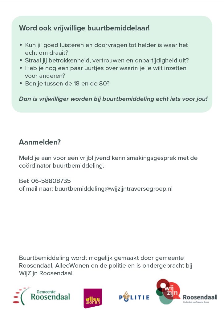 #BuurtbemiddelingRoosendaal zoekt bemiddelaars. Heb jij een aantal uurtjes vrij om je vrijwillig in te zetten voor bewoners met #burenoverlast? een leerzame en dankbare taak!