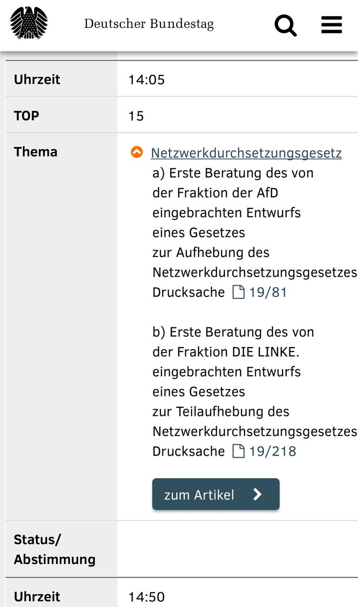anked's tweet photo. Die Tagesordnung im Bundestag ist etwas flexibel, aktuell ist das Netzwerkdurchsetzungsgesetz schon ab 14:05 Uhr auf dem Plan. Hier wird ständig aktualisiert: https://t.co/DW2EyxlXZY
#ErsteRede https://t.co/EKJjOAQt0E