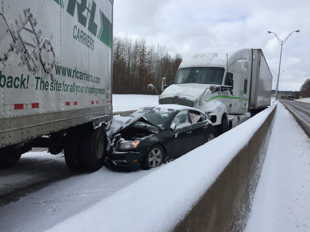 DrNethers's tweet photo. Winters first snowfall creates 10 car crash in Akron. 277 near Waterloo exit. Highway closed. 1 car caught between 2 semis https://t.co/KmnkH4I6Sr
