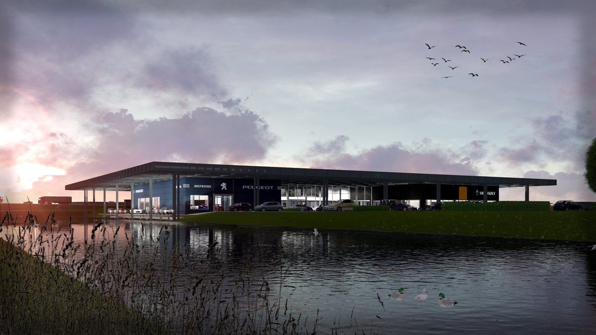 RenaultTerwolde's tweet photo. Terwolde Renault &amp; @NefNoord Peugeot bouwen een gezamenlijk pand in Groningen. We zijn heel benieuwd naar jullie reacties op het door @Mies_Architects ontworpen pand dat door @BrandsBouw wordt gebouwd. Meer weten? https://t.co/HhAFzAZTe4. https://t.co/Rg7H3aMfdx