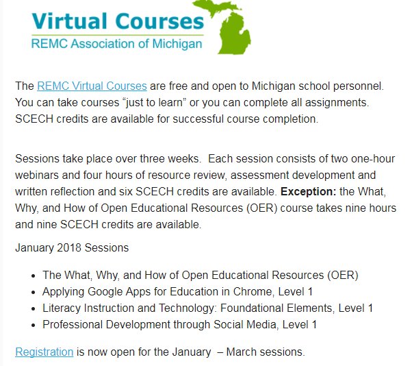 TBAISDTechTalk's tweet image. Are you an educator looking to learn more about OER (Open Education Resources), Google Apps, ePortfolios, and integrating tech?  Check out the REMC Virtual courses for 2018. goo.gl/Sf9YDc