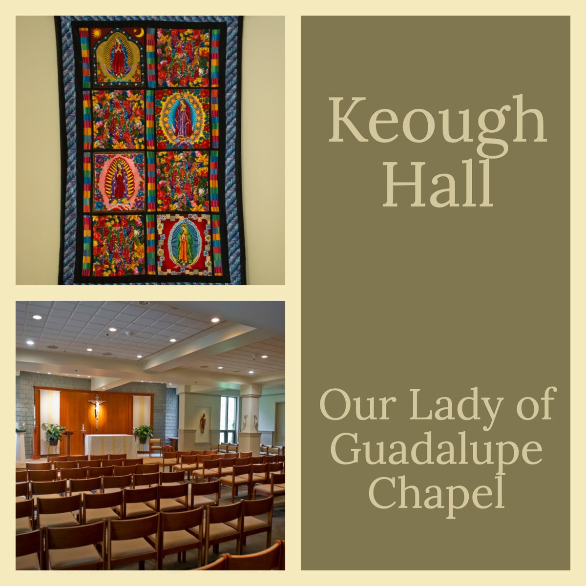 Today, 12/12, is the Feast of Our Lady of Guadalupe. <a href="/KeoughHall/">Keough Hall ND</a>'s Chapel is named for Our Lady of Guadalupe.

In the chapel, there is an image of Our Lady of Guadalupe in a replicated version of Juan Diego's tilma from Tepeyac, Mexico, as well as a quilted image. #NDChapels