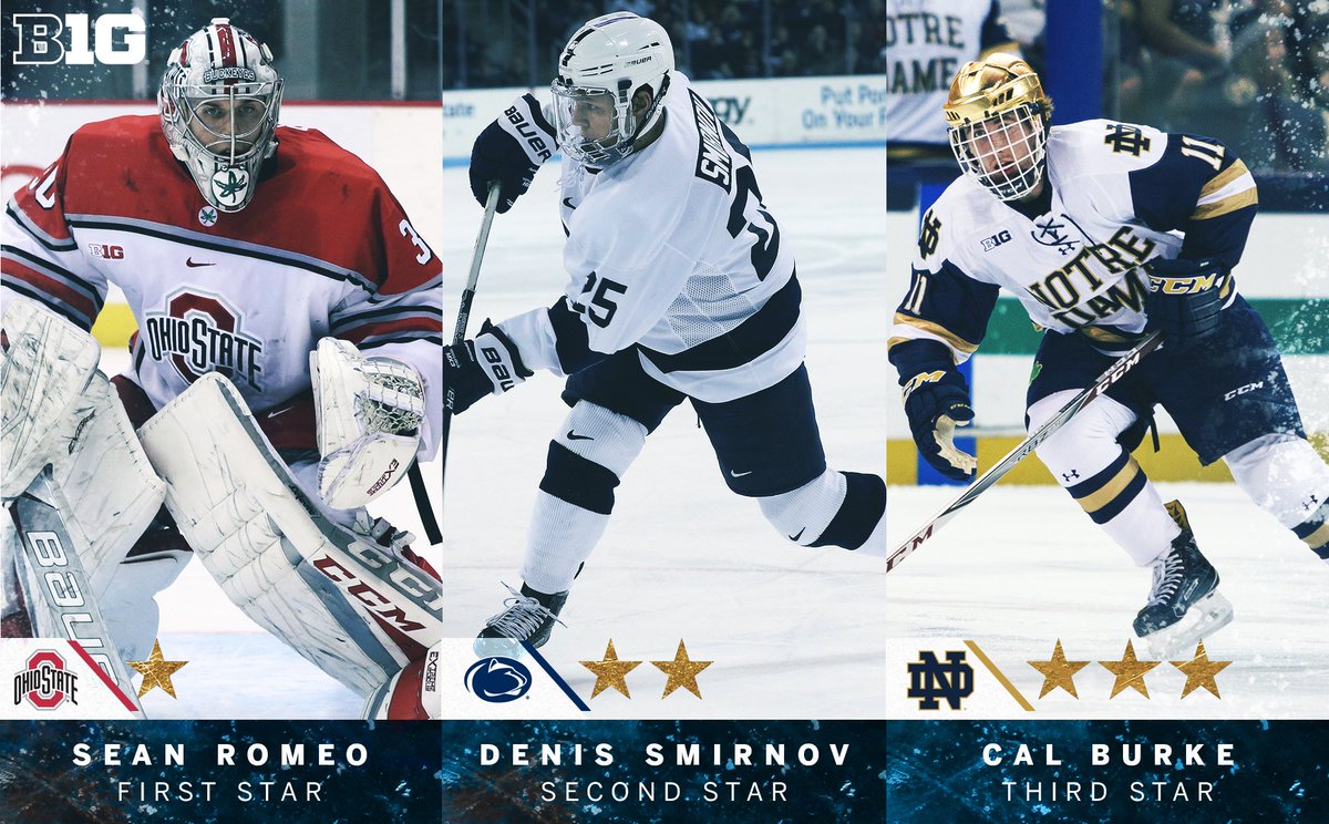 Your #B1GHockey Three Stars:

1) <a href="/OhioState_MHKY/">ohiostate_mhky</a> G Sean Romeo

2) <a href="/PennStateMHKY/">Penn State Men’s Hockey</a> F Denis Smirnov

3) <a href="/NDHockey/">Notre Dame Hockey</a> F Cal Burke

For more information on this week’s #B1GHockey honorees, check out our full release: bit.ly/2BgQfZ4