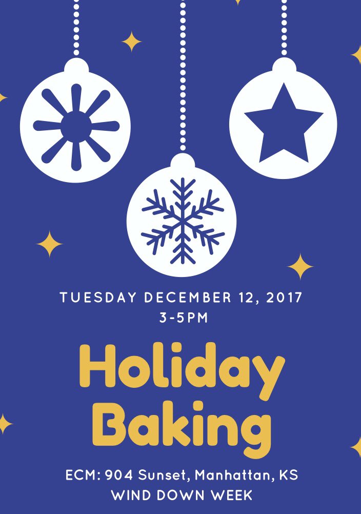 ksu_ecm's tweet photo. Stop by tonight for some holiday baking and cookie decorating! We’re making gluten free chocolate chip cookies, sugar cookies to decorate, and vegan molasses cookies!!! #finals #relax #kansasstateuniversity #ecm #winddownweek https://t.co/urJPzeTKe4