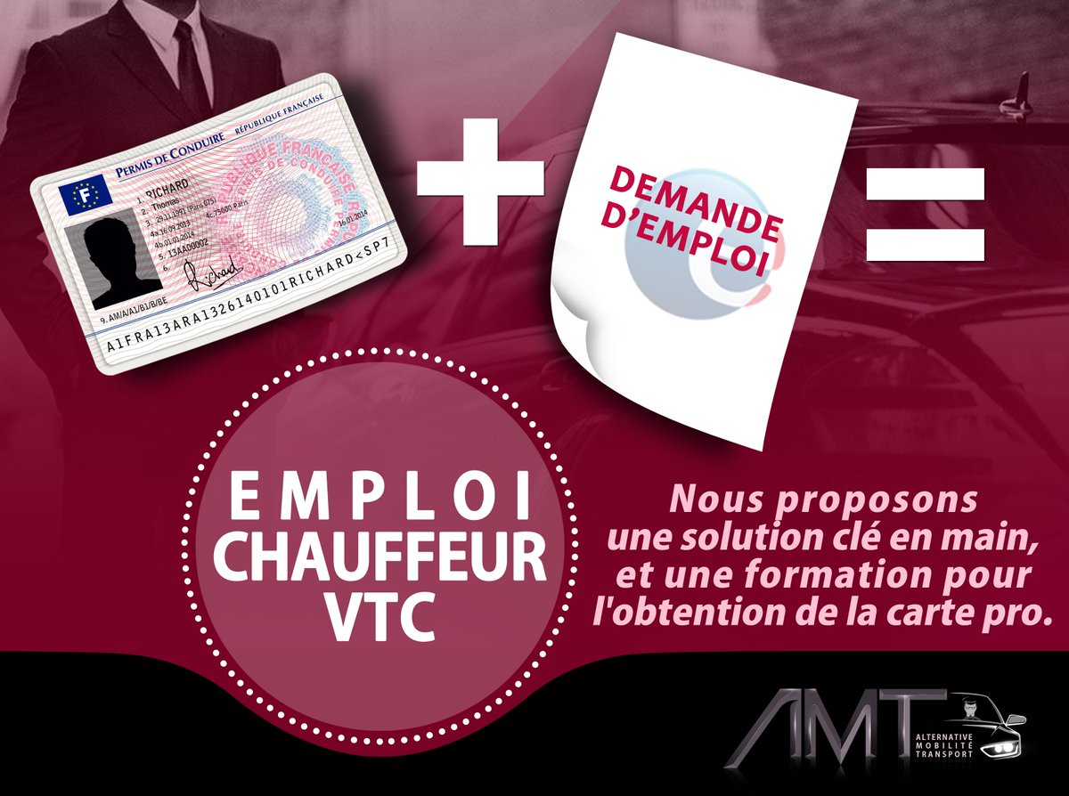 AMT_FRANCE's tweet photo. Devenez Chauffeur VTC avec l'AMT.
Solution clé en main et formation pour obtenir la carte pro : contactez-nous pour tout renseignement !
#VTC #formation #AMT https://t.co/vxJwKAUvYg