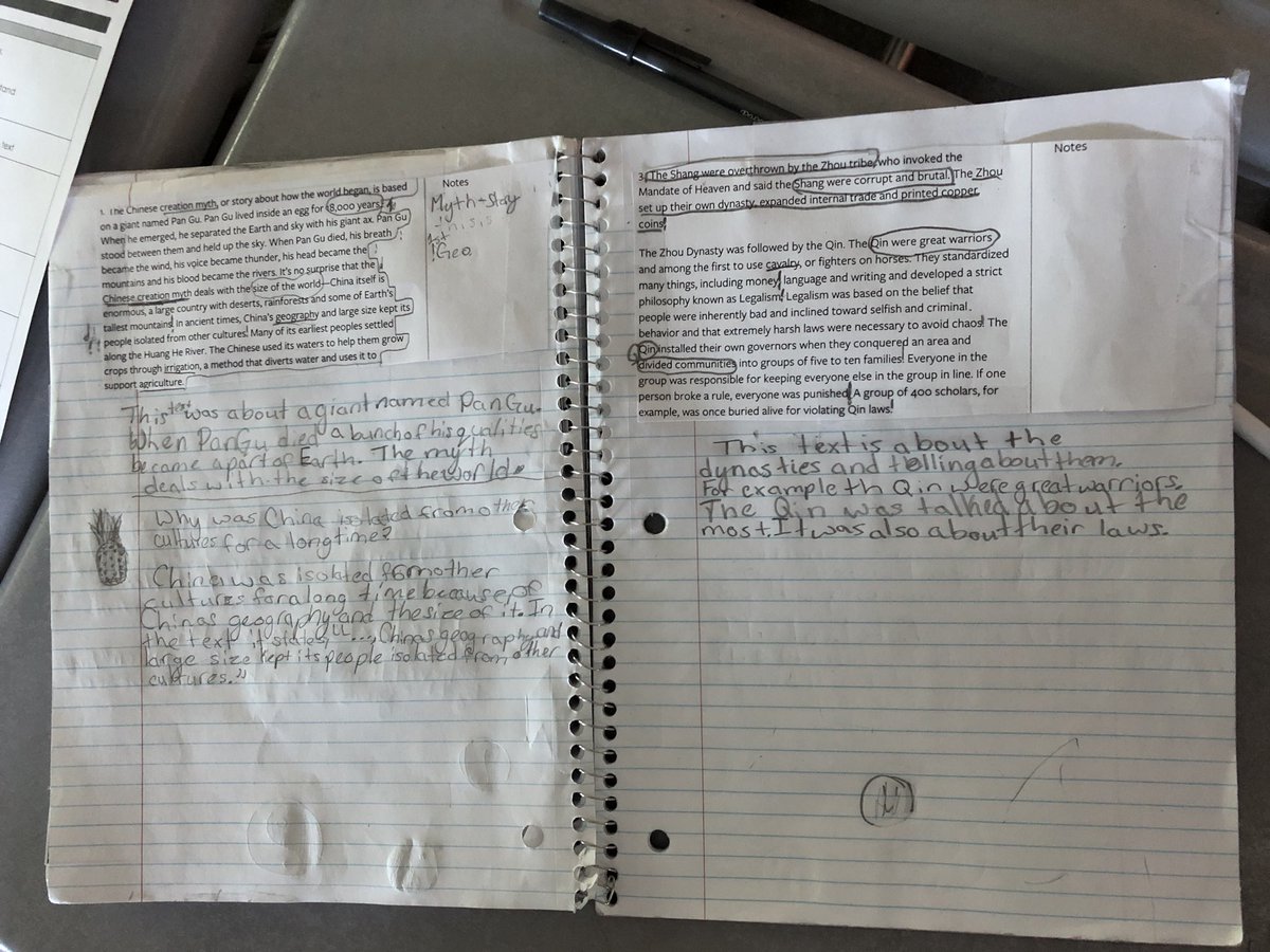 michaela_rose_c's tweet photo. Check out this 6th grade social studies notebook! Today was students’ 1st time doing a close read. Teacher picked short chunks of text to practice this new skill. With annotations &amp; multiple reads with discussion, students worked through a tough text unpacking meaning &amp; vocab! 💡 https://t.co/3g9TvDRR5s