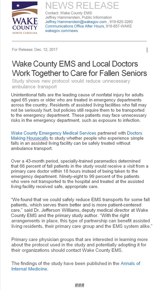 Wake County EMS (@wakecountyems) on Twitter photo Thrilled to share our study in <a href="/AnnalsofIM/">Annals of Int Med</a> in collaboration with #DoctorsMakingHousecalls. A tool to reduce unnecessary EMS transport after simple falls in Assisted Living Facilities. annals.org/aim Thrilled to share our study in <a href="/AnnalsofIM/">Annals of Int Med</a> in collaboration with #DoctorsMakingHousecalls. A tool to reduce unnecessary EMS transport after simple falls in Assisted Living Facilities. annals.org/aim