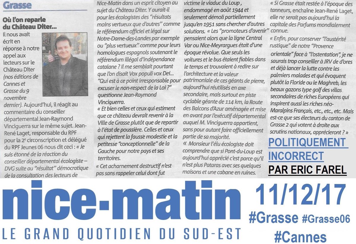 RPF_Grasse's tweet photo. Dans #NiceMatin réponse de @JEANRENELAGET au Conseiller Départemental écologiste Jean-Raymond VINCIGUERRA au sujet du Château #Diter et de l'avis majoritaire des lecteurs du journal - #Grasse #Grasse06 #CAPG #PaysdeGrasse #AlpesMaritimes - #RPF #RPFJ #RPFGrasse #Laget https://t.co/rGm3ZC7O9t