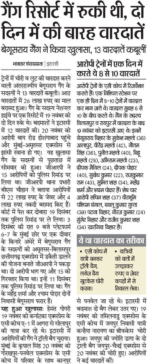 adgrailmp's tweet photo. @PiyushGoyal जीआरपी इटारसी द्वारा ट्रेनों में लूट एवं लूट की वारदात करने बाली अंतरराज्यीय 16 सदस्यीय बेगूसराय बिहार की गैंग को गिरफ्तार कर 13 प्रकरणों में 22 लाख रूपये का मशरूका बरामद करने में प्राप्त सफलता हेतु बहुत बहुत बधाई https://t.co/hlDyVMmD4c