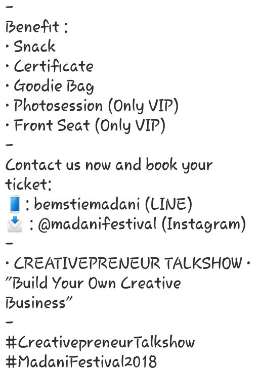 Ayok buruan dibeli tiketnya, dijamin gk bakal nyesel deh krn pembicaranya kece-kece semua😉

#CreativepreneurTalkshow 
#MadaniFestival2018