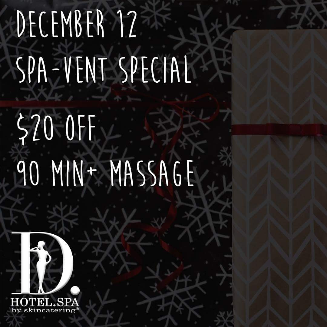 SPA VENT SPECIAL TODAY
$20 off 90+ Minute Massage with LISA 12-8pm

CLICK HERE TO BOOK: secure-booker.com/SkinCateringDH…

Applied only services on 12/12/17 only. Not applicable to gift certificate purchases. Can't be combined w/other offers, discount, or membership. Gratuity not included