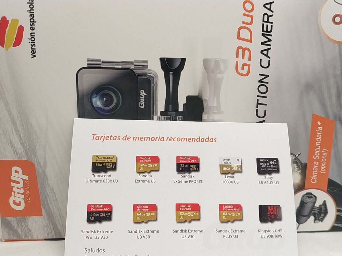 GitUp_Es's tweet photo. Estas son las tarjetas que recomendamos para nuestras cámaras, cualquier otro modelo podría llevar a fallos en la grabación!! Saludos https://t.co/9ZgCd8jDkL