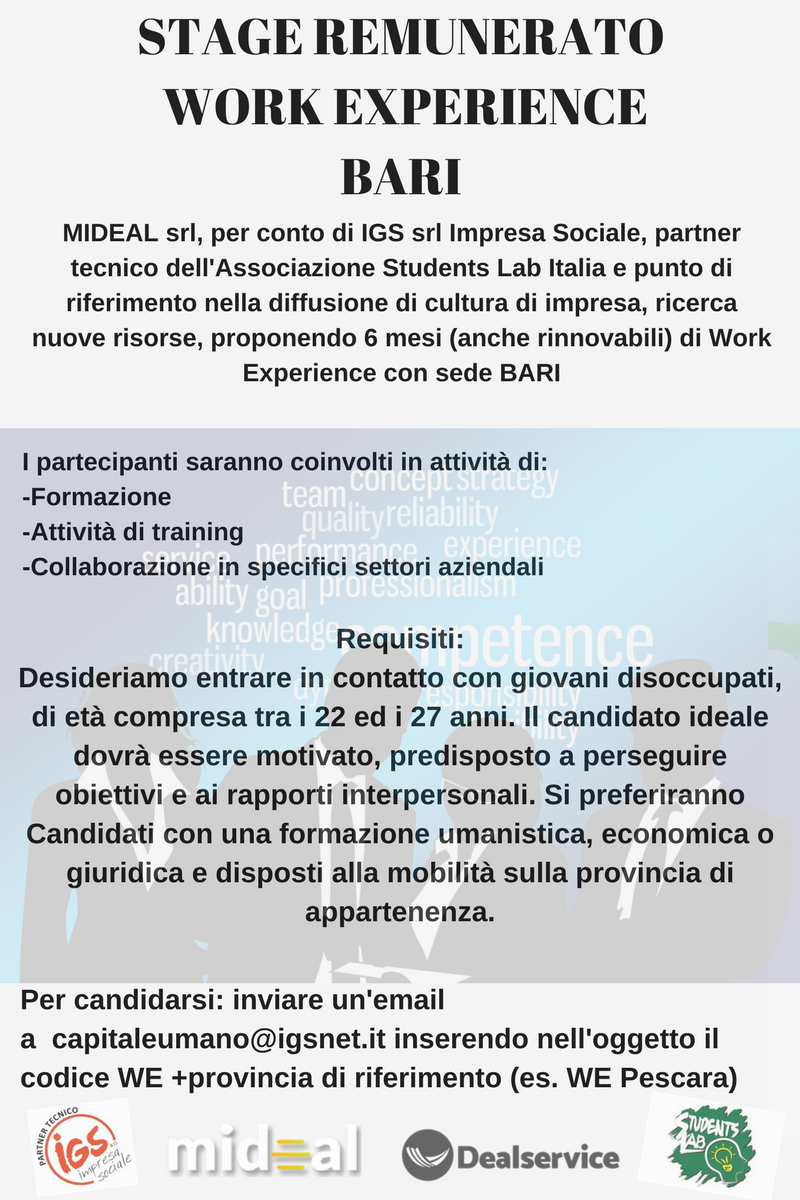StudentsLabIta's tweet photo. Students Lab in partnership con Mideal Deal Service IGS - Imprese Giovani Studenti propone 6 mesi di Work Experience su BARI.

Per candidarsi inviare il cv all'indirizzo:
capitaleumano@igsnet.it
#job #opportunity #workexperience #studentslab #bari https://t.co/o2wfrXQpyu