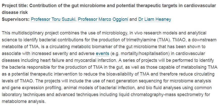 Liam Heaney (@sportrometrist) on Twitter photo Multi-disciplinary PhD project <a href="/uniofleicester/">University of Leicester</a> between Cardiovascular Sciences and Genetics and Genome Biology looking at therapeutic modifications of the gut microbiome to improve cardiovascular disease prognosis. Please RT!! APPLY HERE bit.ly/2C8B9lY Multi-disciplinary PhD project <a href="/uniofleicester/">University of Leicester</a> between Cardiovascular Sciences and Genetics and Genome Biology looking at therapeutic modifications of the gut microbiome to improve cardiovascular disease prognosis. Please RT!! APPLY HERE bit.ly/2C8B9lY