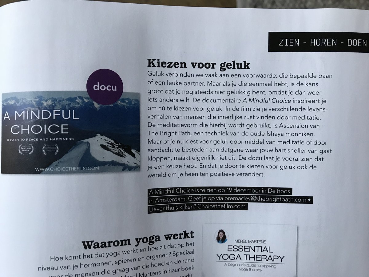 Onze documentaire 'A Mindful Choice' in de Yoga Magazine (december nummer)! Op 19 dec. wordt de film in de Roos #020 vertoond: bit.ly/2yhxZcA
