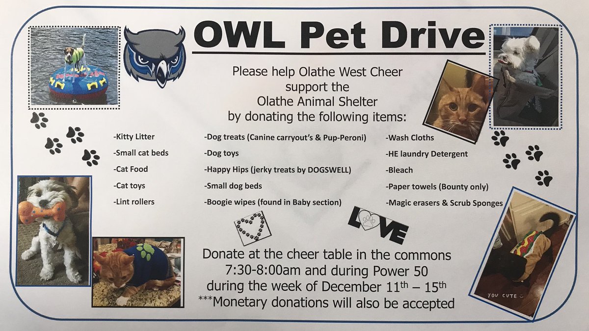OlatheWestCheer's tweet photo. Don’t forget your donations today for the pet drive ! https://t.co/R0VkP0ZUJL