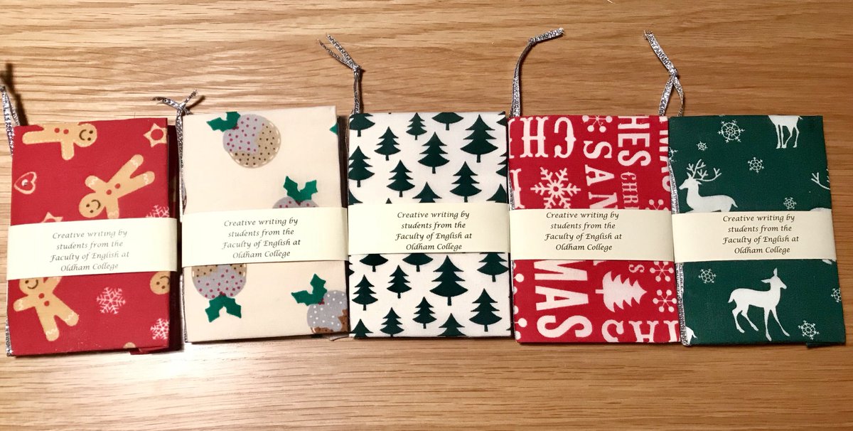 OCFacEnglish's tweet photo. Looking forward to selling these as the @OldhamCollege Christmas Market tomorrow! Mini book Christmas tree decorations containing amazing creative writing by our students ✍️ 📚 🎄 https://t.co/fEVdMrhFzD