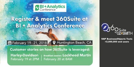 360Suite's tweet photo. Are you attending @BIAconference? Meet the 360suite Team from Feb 19-21, 2018! Attend our sessions with @HarleyDavidson and @LockheedMartin Aeronautics. Discover how they use #360Suite tools for #BOBJ. #userslovebobj https://t.co/2KgFBEIK3B https://t.co/xPEgTRPKHH