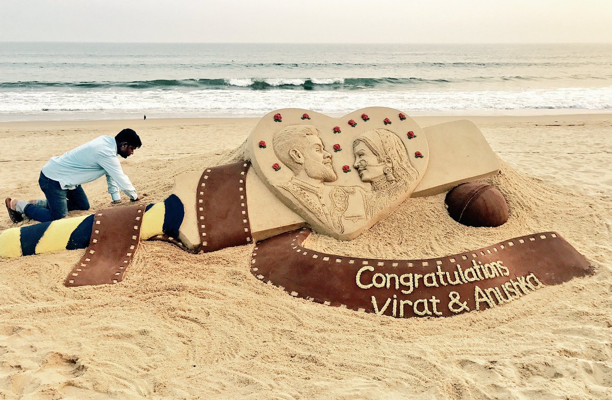 Sudarsan Pattnaik (@sudarsansand) on Twitter photo Congratulations to <a href="/imVkohli/">Virat Kohli</a> & <a href="/AnushkaSharma/">Anushka Sharma</a>, as they embark on their New Journey together. My SandArt at Puri beach in Odisha . #VirushkaWEDDING #Virushkakishadi Congratulations to <a href="/imVkohli/">Virat Kohli</a> & <a href="/AnushkaSharma/">Anushka Sharma</a>, as they embark on their New Journey together. My SandArt at Puri beach in Odisha . #VirushkaWEDDING #Virushkakishadi