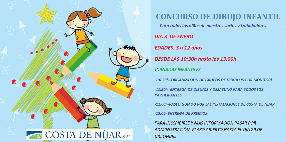 Concurso de dibujo infantil para hijos de empleados y socios de <a href="/SATCostadeNijar/">SAT Costa de Níjar</a>. Desayuno saludable, dibujo, premios, visita a las instalaciones y muchas sorpresas más #Navidad2017