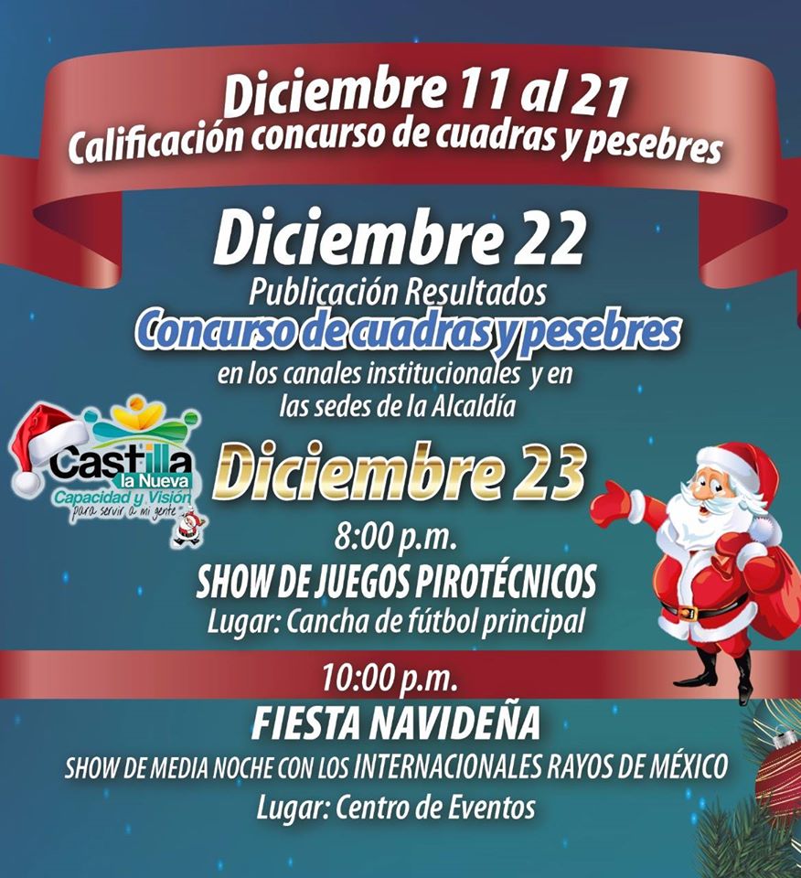 GobMpalCastilla's tweet photo. Viene navidad cargada de sonrías, celebración y amor, disfruta de la noche buena con #AlegríaNavideña este 23 de diciembre 8:00 pm juegos pirotécnicos, seguido de la Fiesta Navideña con la presencia de los @rayosmexico #CapacidadYVisión ¡Te esperamos! https://t.co/zvLGz9vI3q