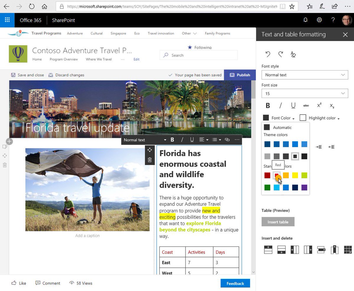 SharePoint's tweet image. ROLL OUT UPDATE
Text web part updates - new rich-text editing (RTE) for #SharePoint pages &amp;amp; news articles; at 100% Targeted Release #Office365 customers
#fontcolor #highlightcolor #inserttable #indent #strikethrough #linktopage #addalink #fontstylesize #followtheellipsis