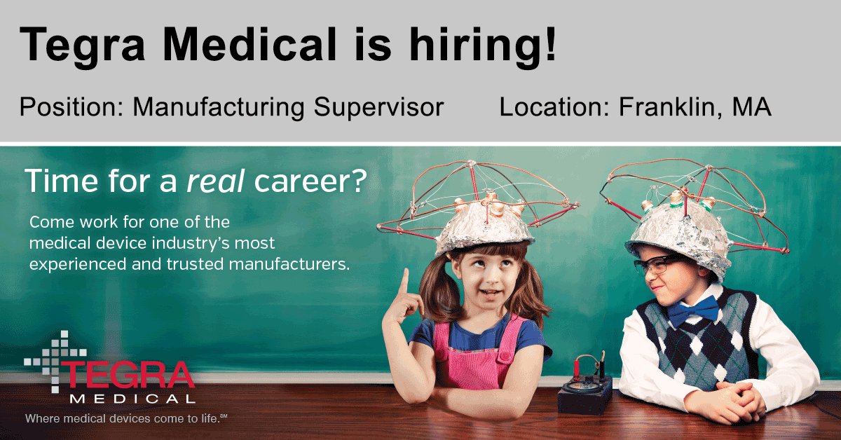 TegraMedical's tweet photo. We're looking for a manufacturing supervisor in #FranklinMA. https://t.co/gWsi9RbywN #medtech #jobsMA https://t.co/RvD0jrFJOL