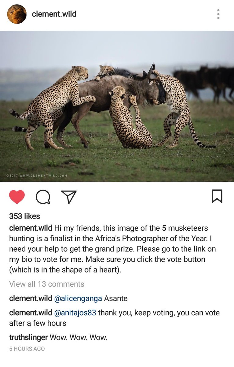 truthslinger's tweet photo. Our own Clement Kiragu is up for 'Africa's photographer of the Year' (though really it should be Africa's wildlife photographer oty seeing the finalists) I digress. Please vote for him.
https://t.co/7G1kNHLTXO https://t.co/G5Sly8S6N6