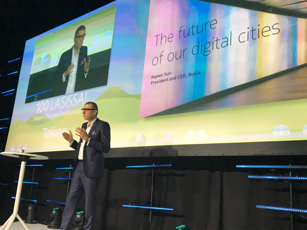 psoini's tweet photo. Tekes Smart City event closes with inspirational talk by Nokia CEO, Rajeev Suri.  Smart Cities will be safe, sustainable and smart #100lasissa https://t.co/OBCckmvbnU