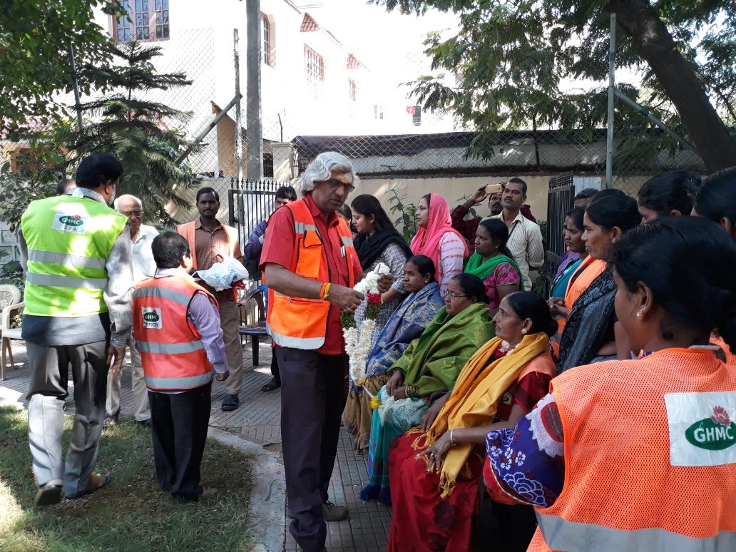 DC_Malakpet's tweet photo. Swachh awareness programme and felicitation to sanitation workers Shankaramma, Renuka and Rangamma by corporator Smt.Sunaritha Reddy and Sri.V.Vijaya Bhasker Dc.6(4A) and local residents at shalivahana nagar https://t.co/YjCpnGQc0s