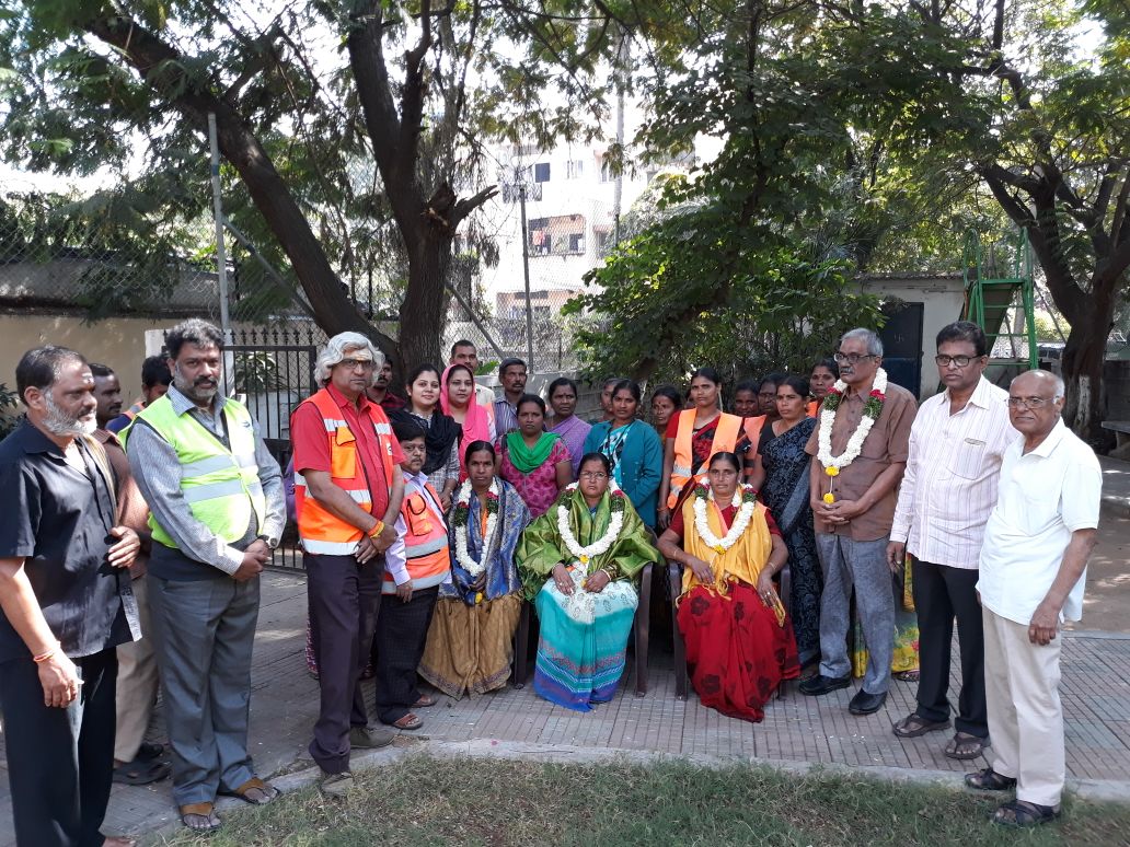 DC_Malakpet's tweet photo. Swachh awareness programme and felicitation to sanitation workers Shankaramma, Renuka and Rangamma by corporator Smt.Sunaritha Reddy and Sri.V.Vijaya Bhasker Dc.6(4A) and local residents at shalivahana nagar https://t.co/YjCpnGQc0s