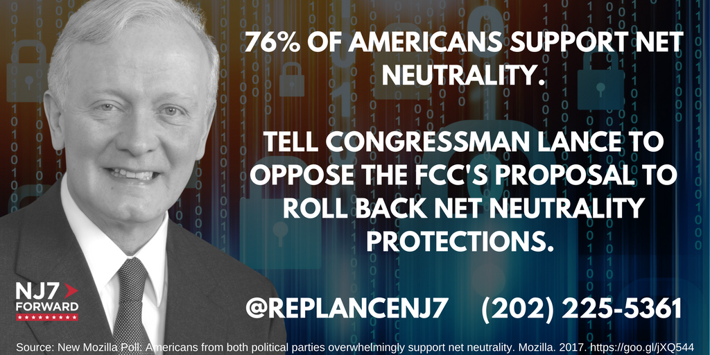 NJ7Forward's tweet photo. 76% of American support #NetNeutrality. Tell Congressman Lance to stand with his constituents and oppose the FCC's efforts to roll back net neutrality protections. #NetNeutralityDay #OpenInternet #SaveTheInternet https://t.co/qKQGqBdqXh
