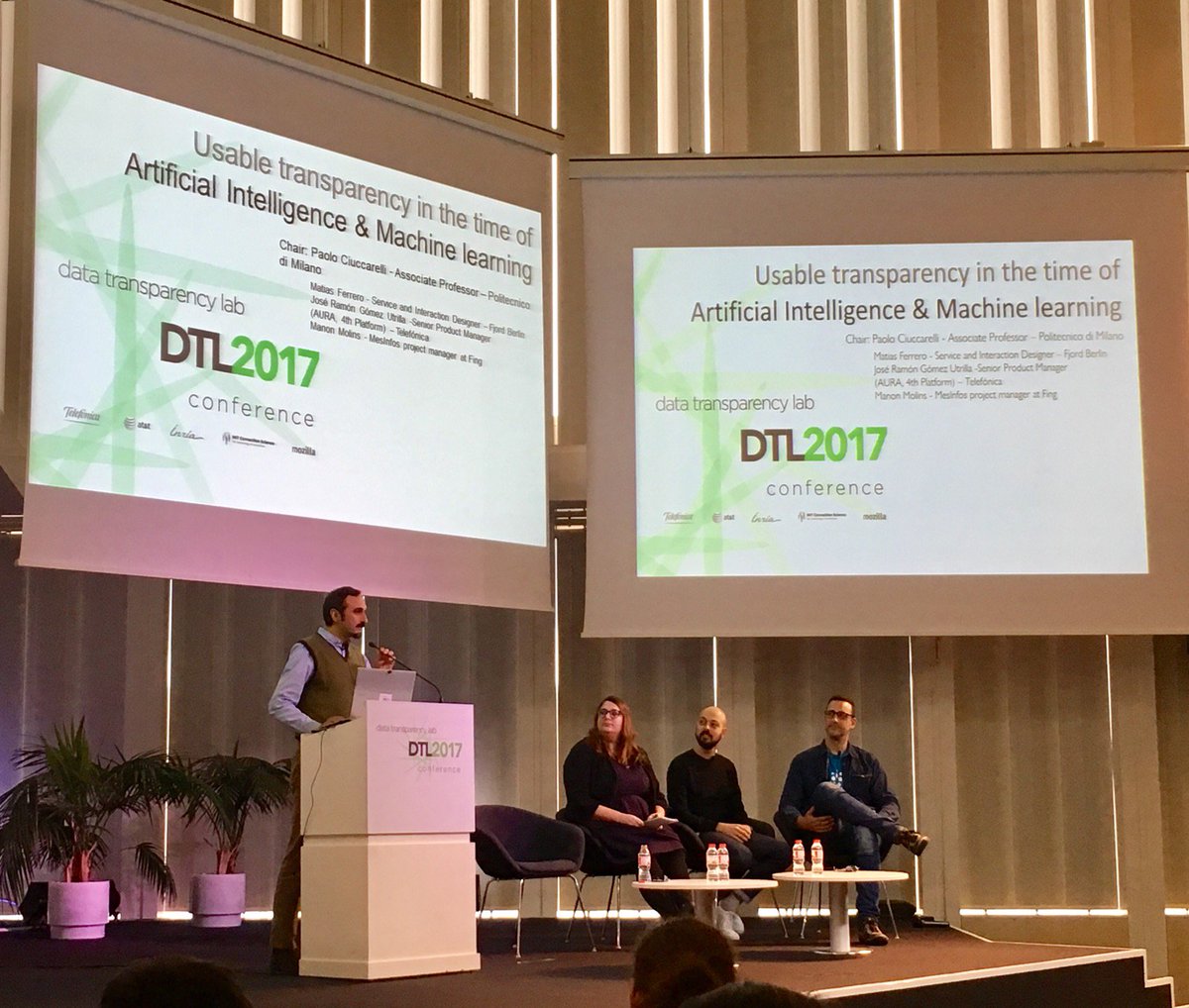 CiberJos's tweet photo. On stage at #DTLConference Paolo Ciuccarelli chairing a panel of UX Designers on Usability of #Transparency @DTL_info (@ Torre Telefònica Diagonal 00 (CAT HQ) in Barcelona) https://t.co/Fsis7VgLt8 https://t.co/Cw5bQZDh1V