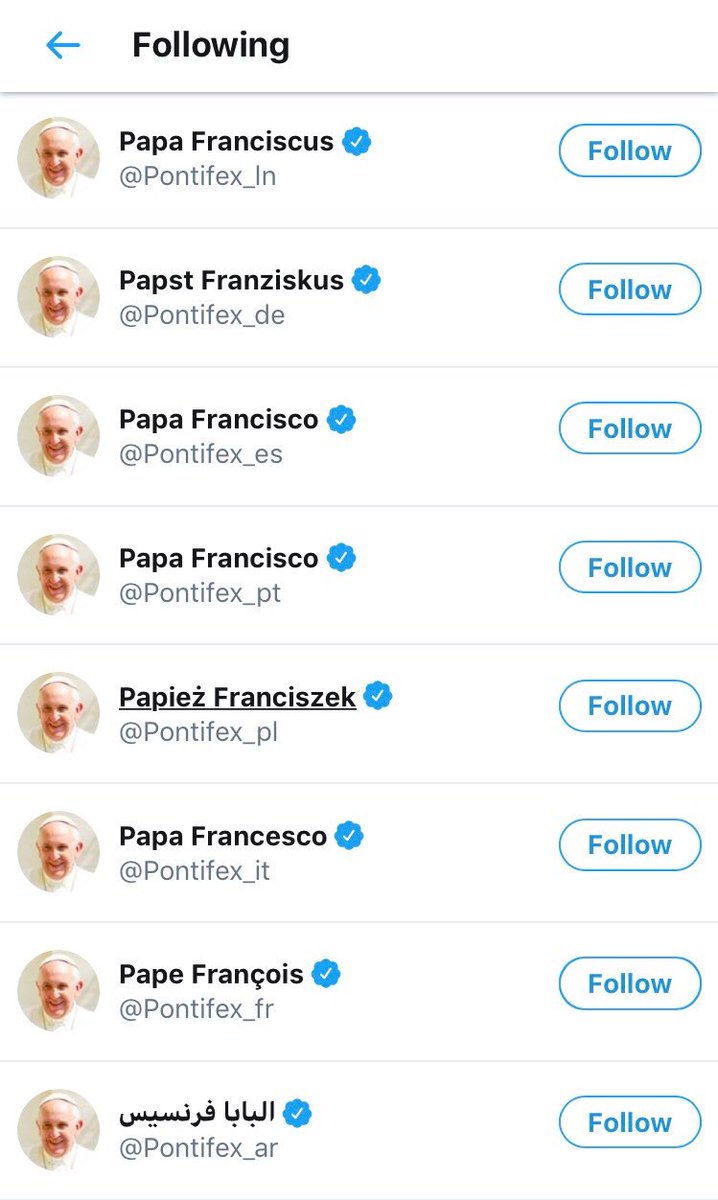 JeremyMcLellan's tweet photo. The reason Pope Francis thinks social media can be a space “rich in humanity” is he only follows 8 accounts and they’re just translations of himself. https://t.co/lTttF5e0D2