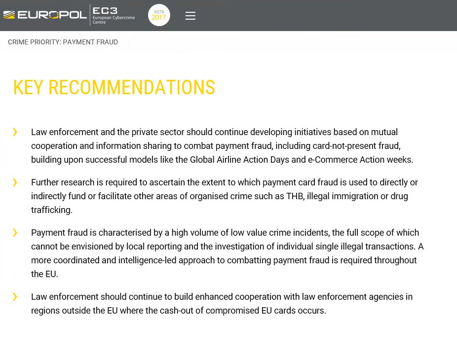 EC3Europol's tweet photo. #IOCTA17: many aspects of the payment #fraud crime area are:
☑️highly organised
☑️ specialised
☑️ constantly evolving to adapt to both industry measures to combat it and new payment technologies. https://t.co/FyzvoieLTc