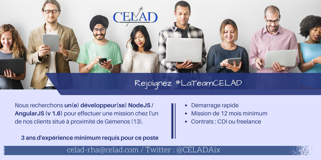 CeladAix's tweet photo. [#CELADjob 🔎] Développeur(se) #NodeJS / #AngularJS en recherche d'un nouveau challenge ?! C'est par ici ⬇️⬇️⬇️
 #ITjobs #i4emploi #CDI ou #Freelance https://t.co/DWrg0t4TPo