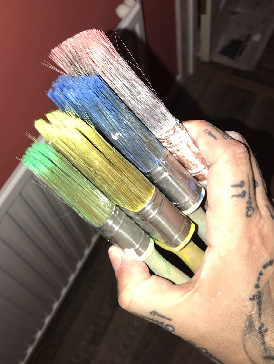 BusbysServices's tweet image. When your @PurdyPaintTools brushes look like a toddlers being using them! #primarycolours #bps #propertyservices #paintingtherainbow #DecoratingInspiration