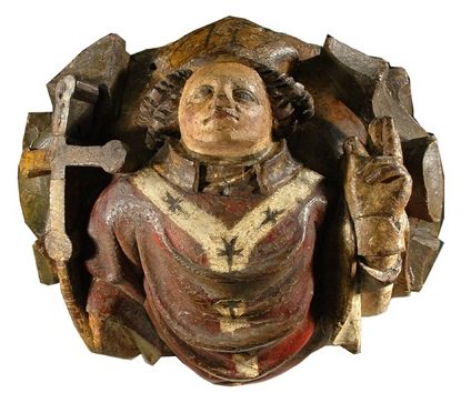 YorkshireMuseum's tweet photo. The bright paint and gilding of this oak roof boss are a rare survival. The subject is thought to be William Fitzherbert, a former #York archbishop. Find out more in our new #MedievalYork display. #starobjects https://t.co/hdsC549HcV https://t.co/gmifkSaP4n