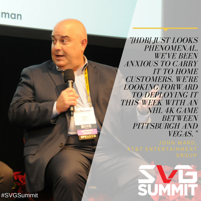 thesvgdigital's tweet photo. AT&amp;T Entertainment Group’s John Ward announces at the #SVGSummit that DirecTV will attempt to deliver a live 4K/HDR hockey game on Thursday evening. #sportsbiz #sportstech https://t.co/2LXW3HjHiR