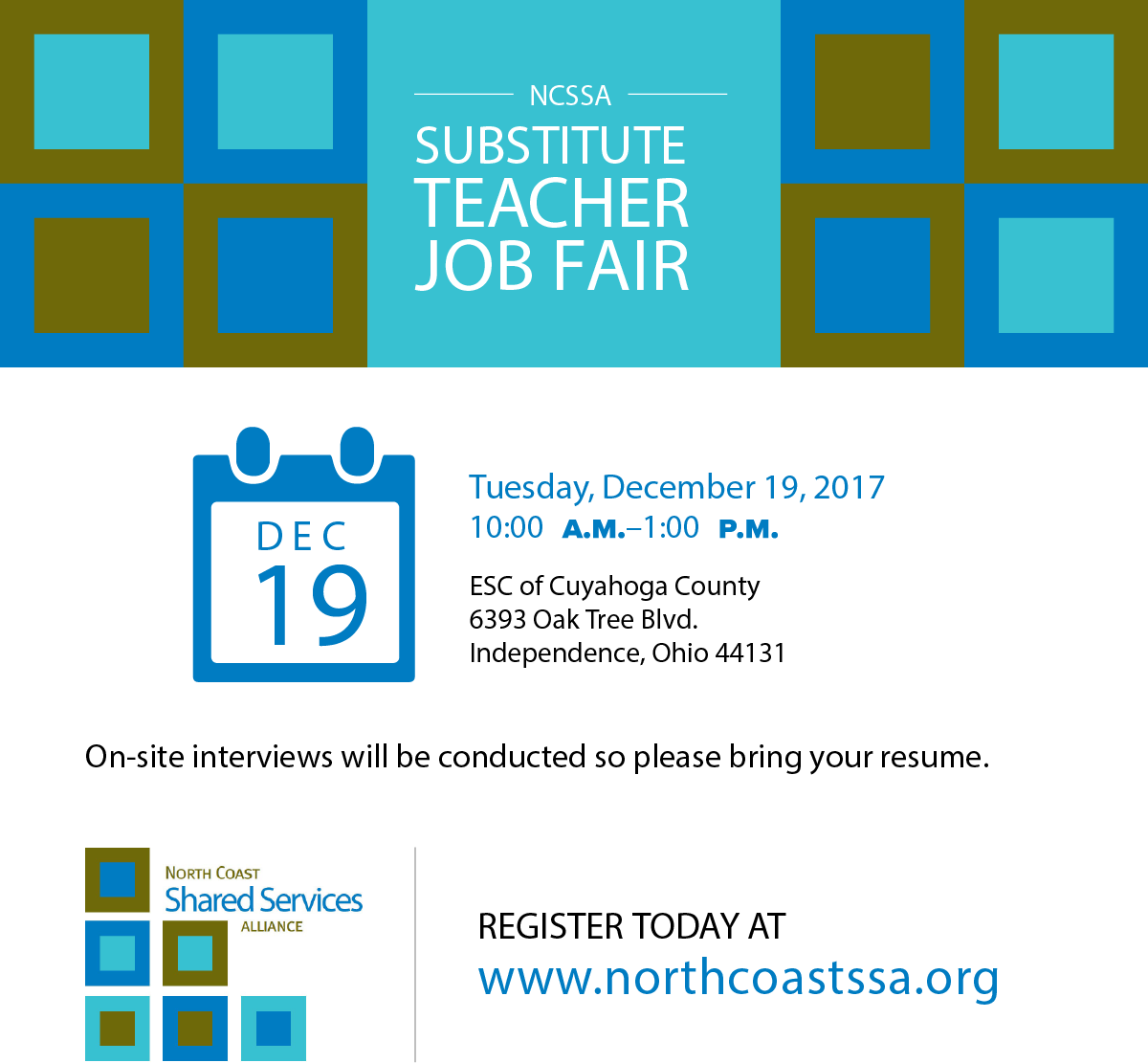 Plan to attend the annual NCSSA Substitute Teacher Job Fair! Remember to submit your application in advance! We look forward to meeting with you!