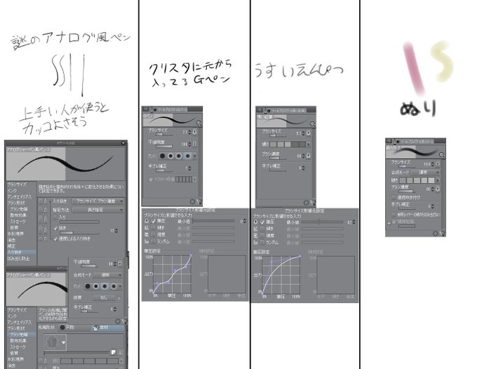 どこでダウンロードしたのかわからない謎のアナログ風ペンとクリスタに元から入ってるGペンそのまま気分で使ってます。色塗りもおっきくしたGペンとかエアブラシ…> 普段どんな設定のペンで絵を描かれていますか?よければ教えてください! https://t.co/OVi2oo2Yms 