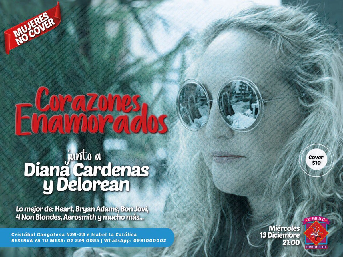 ppbotellaec's tweet photo. Los miércoles son corta venas y en el P.P. Botella EC #Quito la cita está hecha para los corazones más enamorados en un show diferente, encantador y muy seductor junto a Diana Cárdenas y Delorean. Los éxitos de Bryan Adams, Heart, Bon Jovi, 4 Non Blondes, y más. CHICAS NO COVER! https://t.co/NobEmCU3Z6