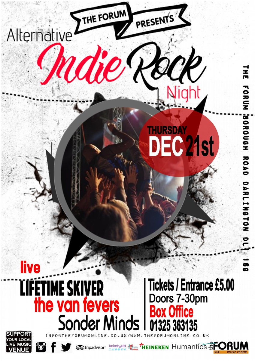 Thursay 21st December we have a night of  #originalmusic with three #local #bands <a href="/lifetimeskiver/">lifetimeskiver</a> , <a href="/TheVanFevers/">The Van Fevers</a> and #Sonderminds 
Tickets /Entrance £5 
#supportlocal #DarloMusic 
@WhatsOnDarlo  <a href="/gr8musicvenues/">gr8MusicVenues</a> <a href="/hmvDarlington/">hmv Darlington</a> #Darlington #darlolive