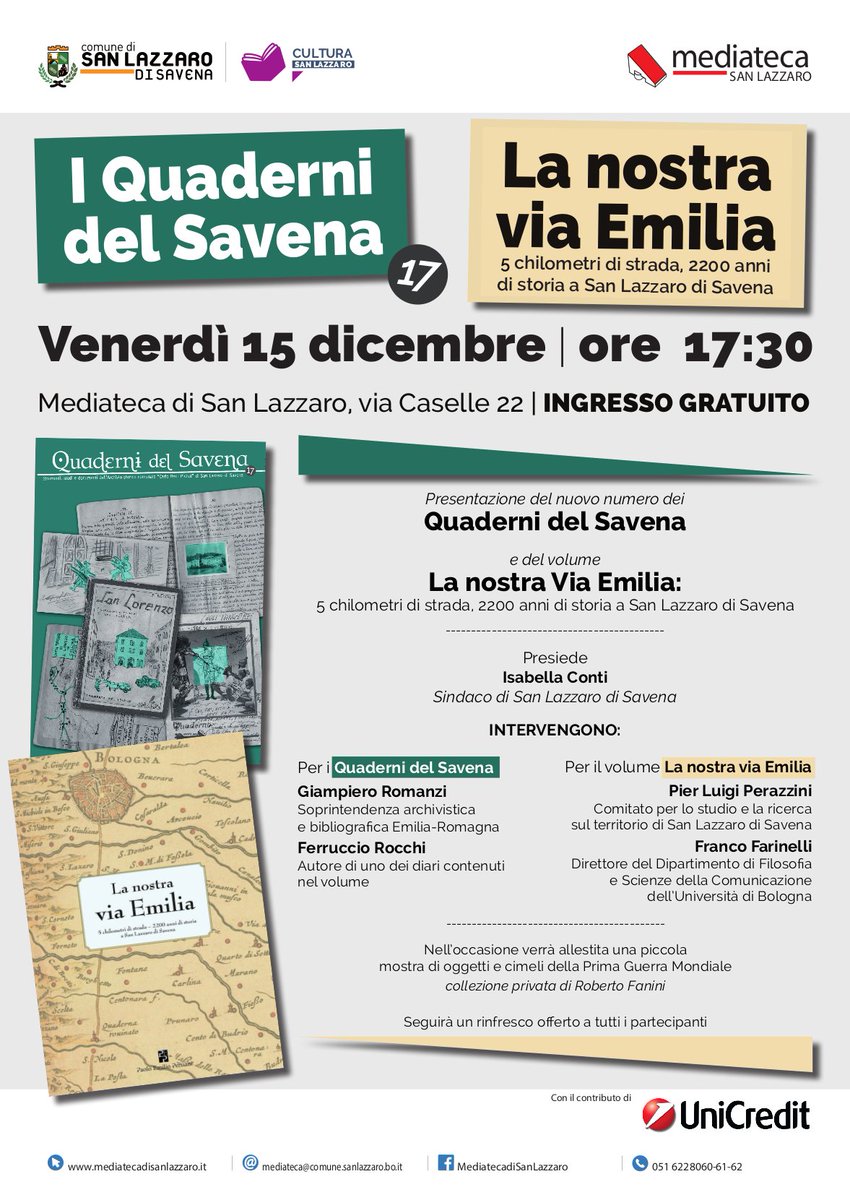 Il 15 dicembre alle ore 17,30 in Mediateca presentazione del nuovo numero della rivista "Quaderni del Savena” e del volume "La nostra Via Emilia". Presiede Isabella Conti. <a href="/isabellaco/">Isabella Conti</a> @ComSanLazzaro