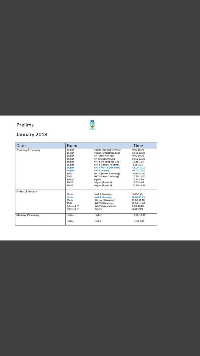 LourdesRaisingA's tweet image. S4, S5 and S6 prelim timetable for January 2018 now available for pupils and parents to view. #supportingprogress #prelims