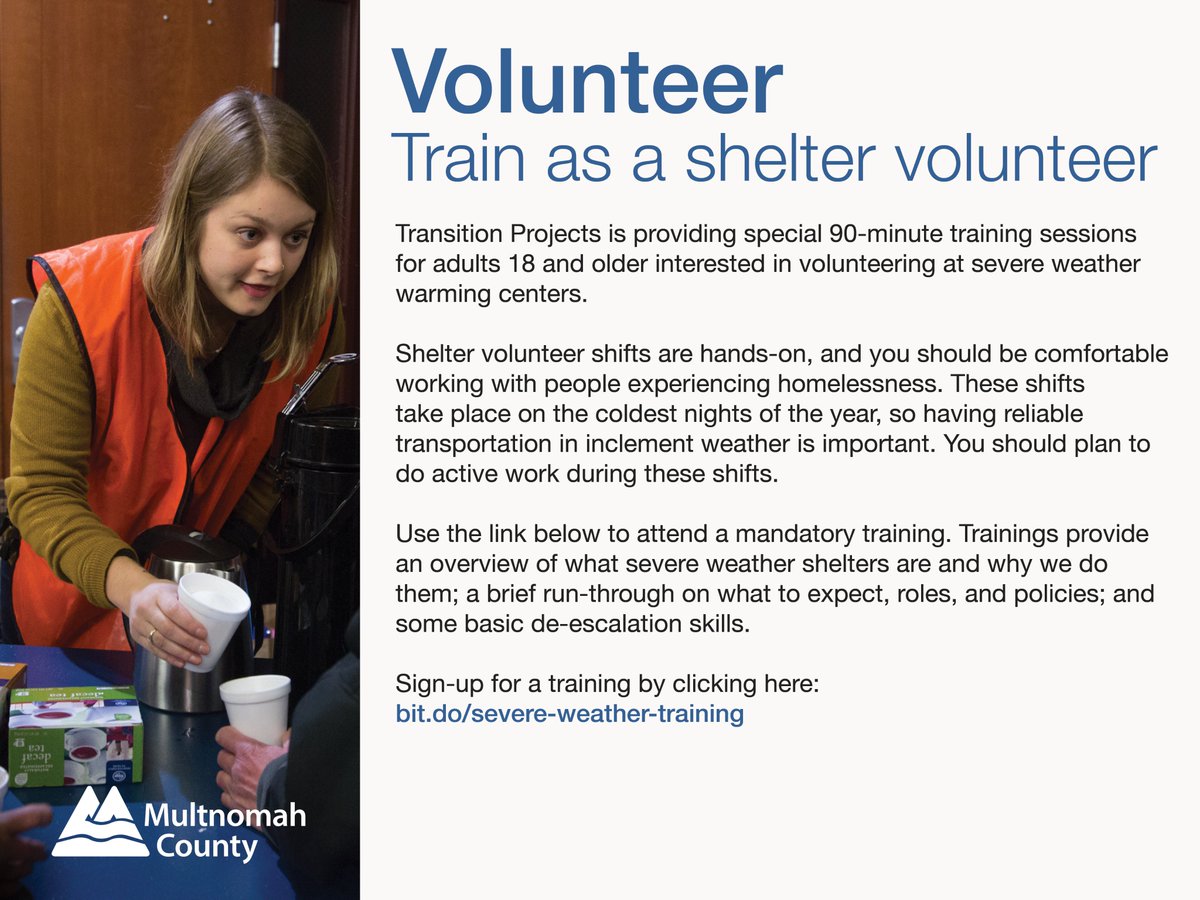 Severe weather shelter beds will open Tuesday, Dec. 12, for the third night in a row. Please share. And please go to 211info.org/donations to help donate specific items of winter gear or sign up to volunteer. multco.us/multnomah-coun…