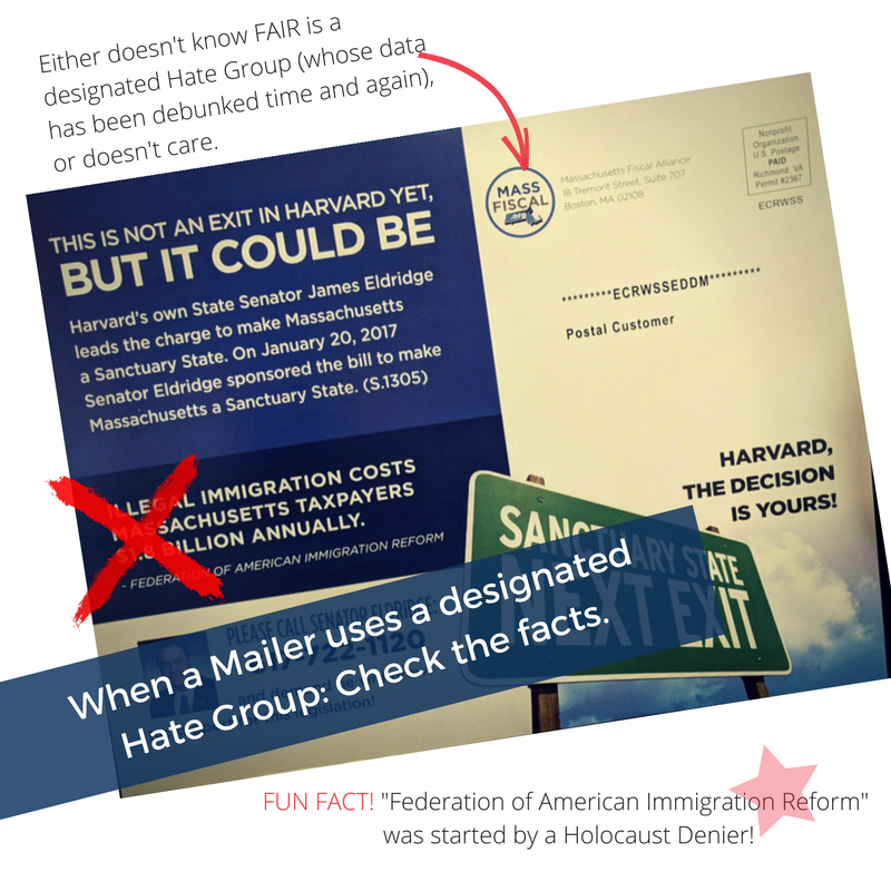 RWwatchMA's tweet photo. Republican front group #MassFiscal cites designated hate group Federation for American Immigration Reform as source to blame immigrants for our problems. @MassGovernor, as @massgop standard-bearer, do you endorse this? https://t.co/nBuTfc3ZrQ #westernma #bospoli #mapoli https://t.co/KMRP0jsQp4