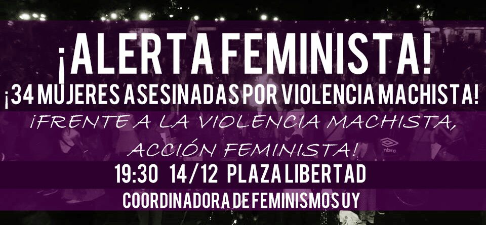 ¡Alerta feminista! 34 mujeres asesinadas por violencia machista.  
Nos encontramos el jueves 14/12. 19.30hs en la Plaza Libertad.  
#VivasNosQueremos